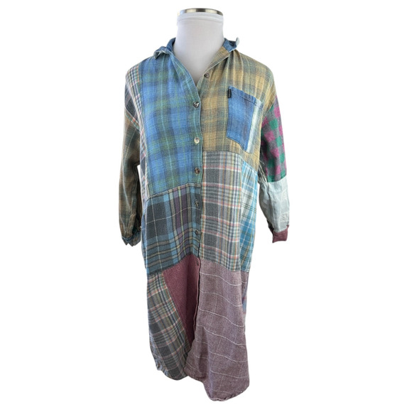 Vtg Y2K Citron Santa Monica Patchwork Shirt Dress Small Boho Artsy Grunge Earthy - Picture 2 of 16
